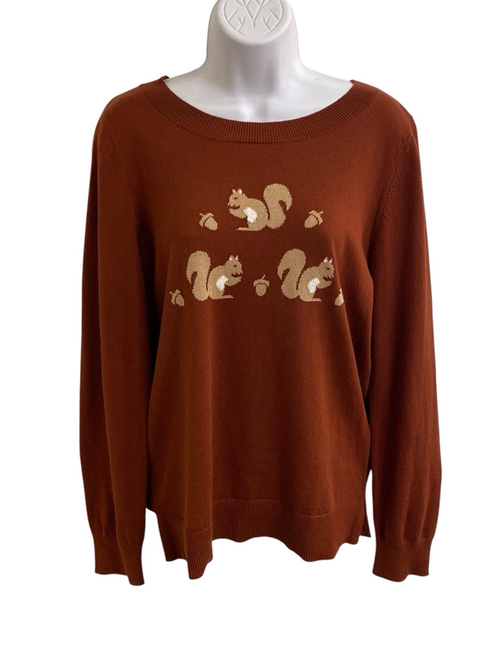 LOFT PERFECT FALL SWEATER Rust Crewneck Sweater Squirrels Motif Large NWT NATURE - Picture 3 of 16
